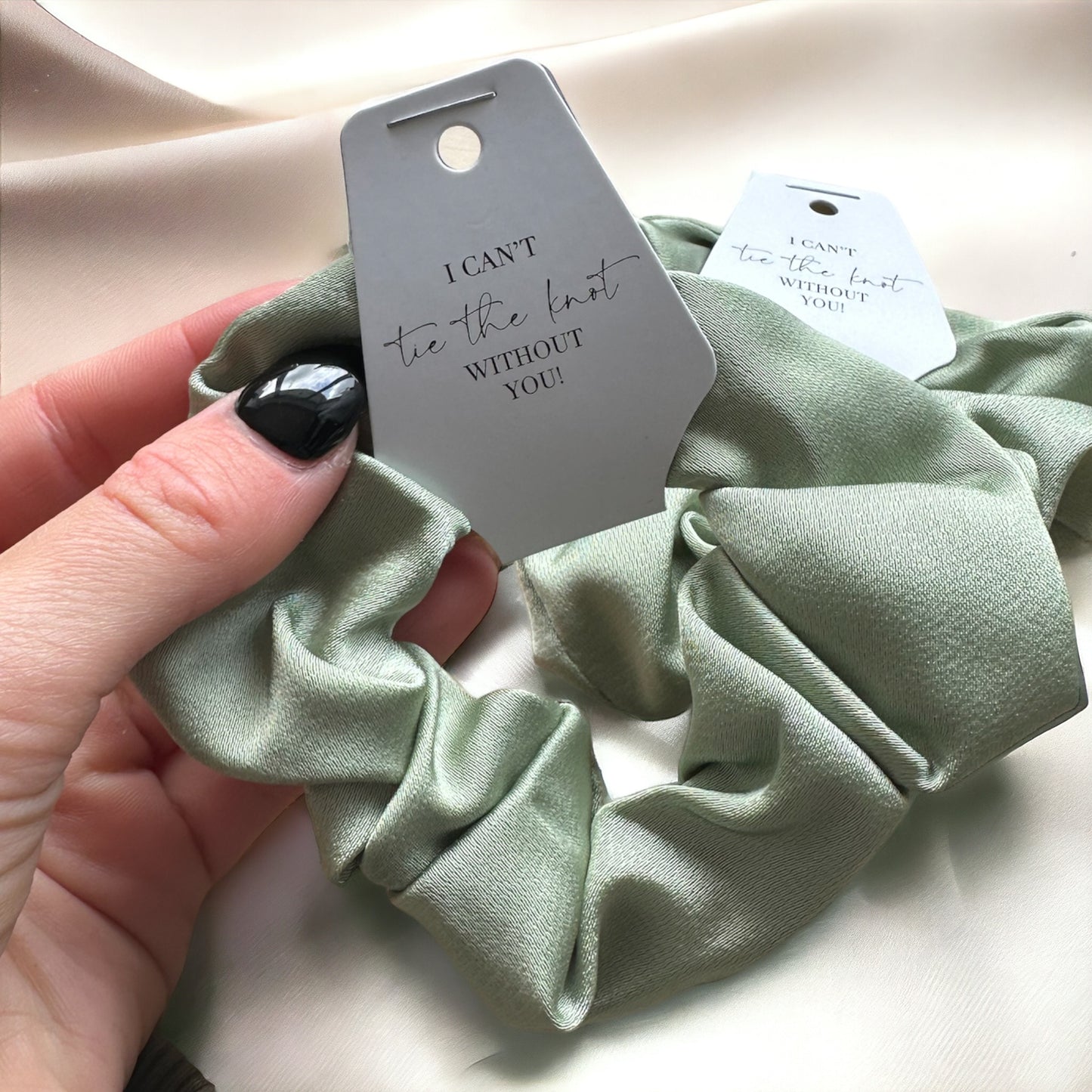 Sage Green Bridesmaid Scrunchie and tag
