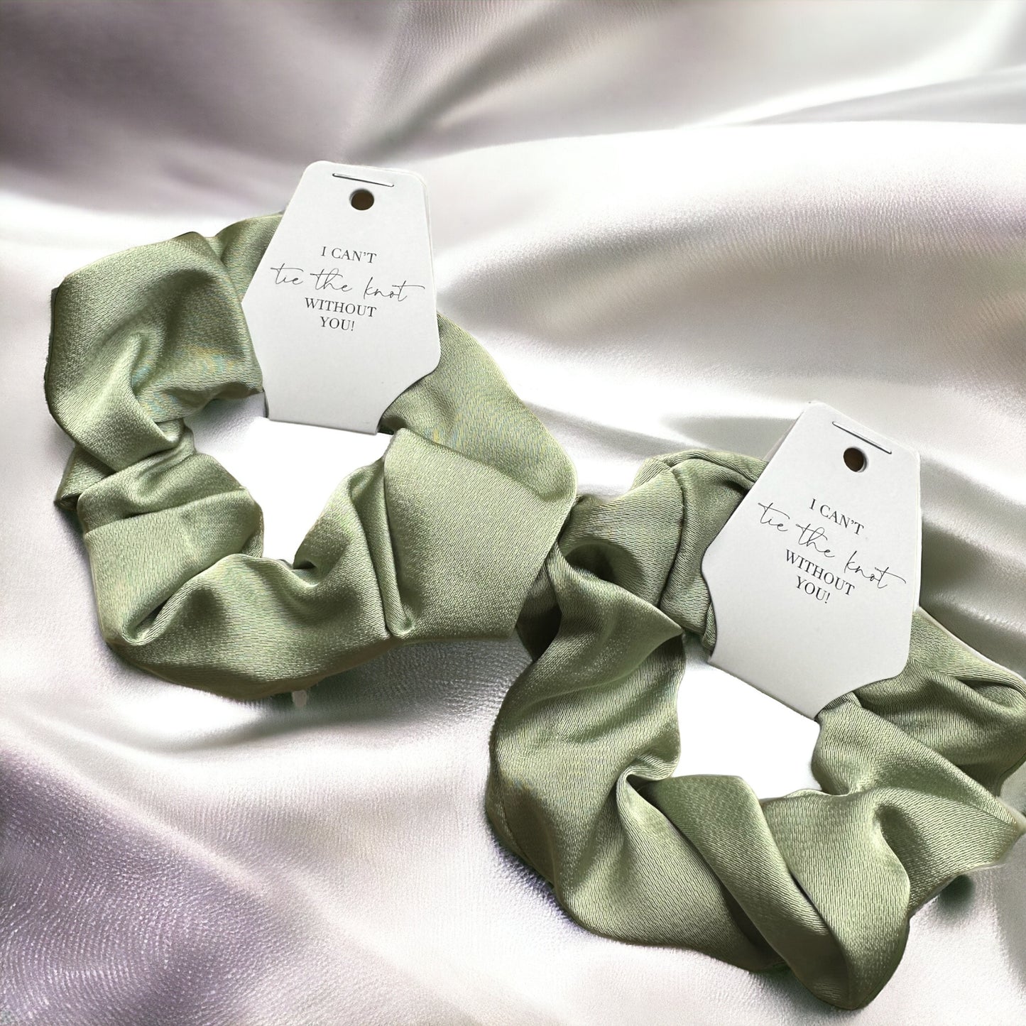 Sage Green Bridesmaid Scrunchie and tag