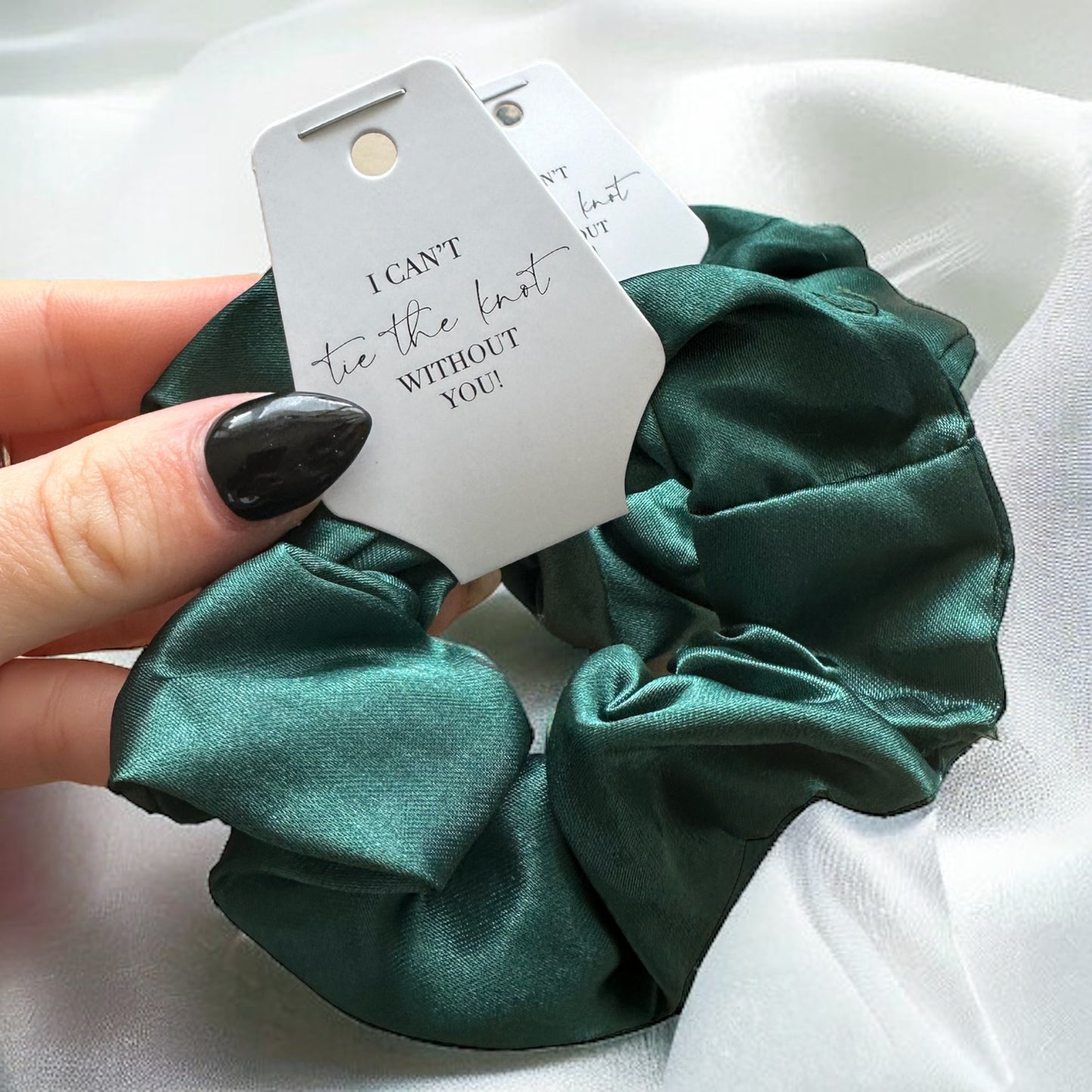 Emerald Bridesmaid Scrunchie and tag