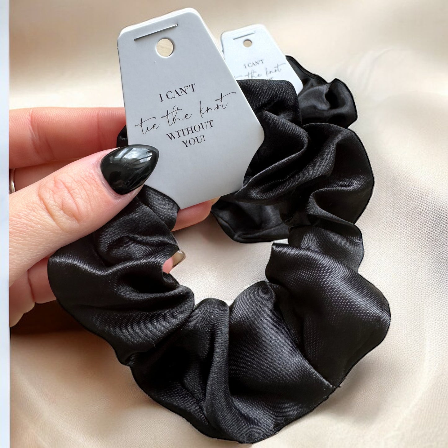 Black Bridesmaid Scrunchie and tag