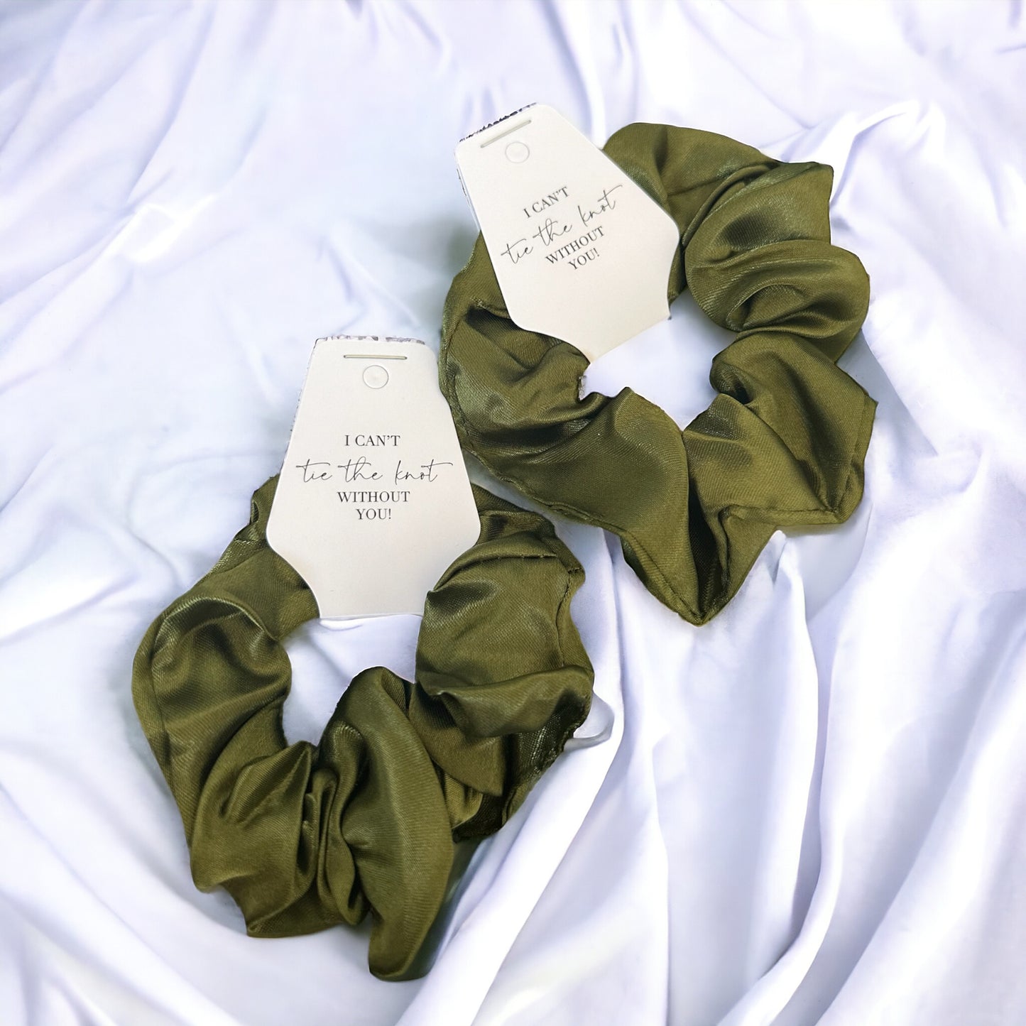 Olive Green Bridesmaid Scrunchie and tag