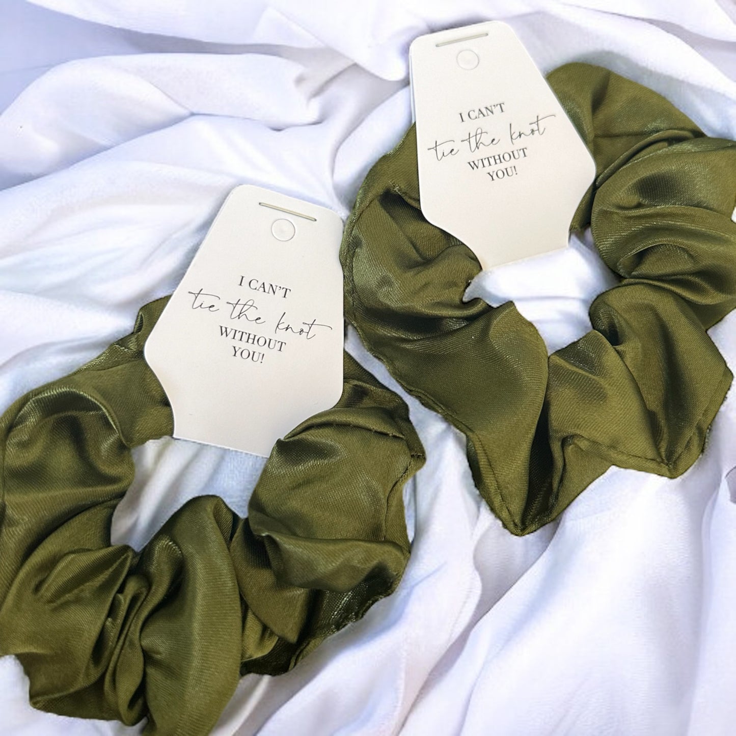 Olive Green Bridesmaid Scrunchie and tag