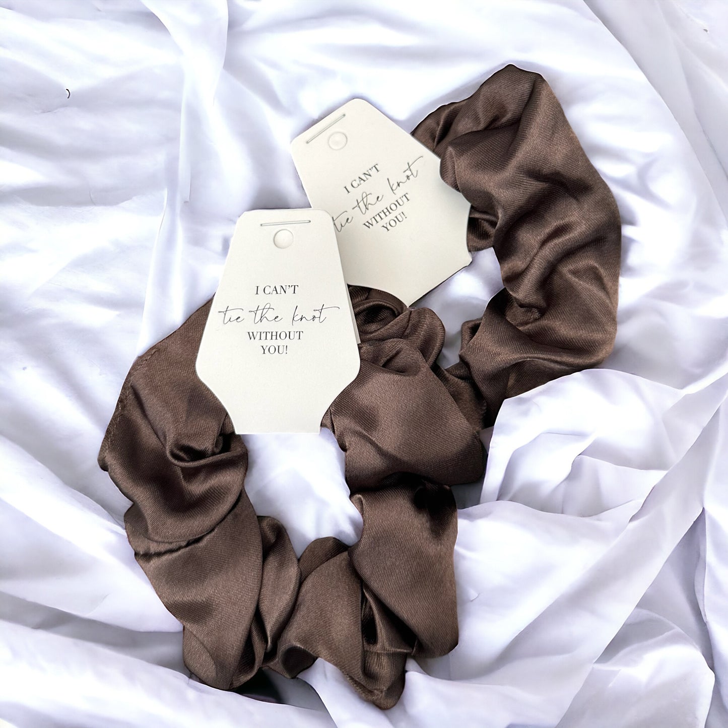 Chocolate Brown Bridesmaid Scrunchie and tag