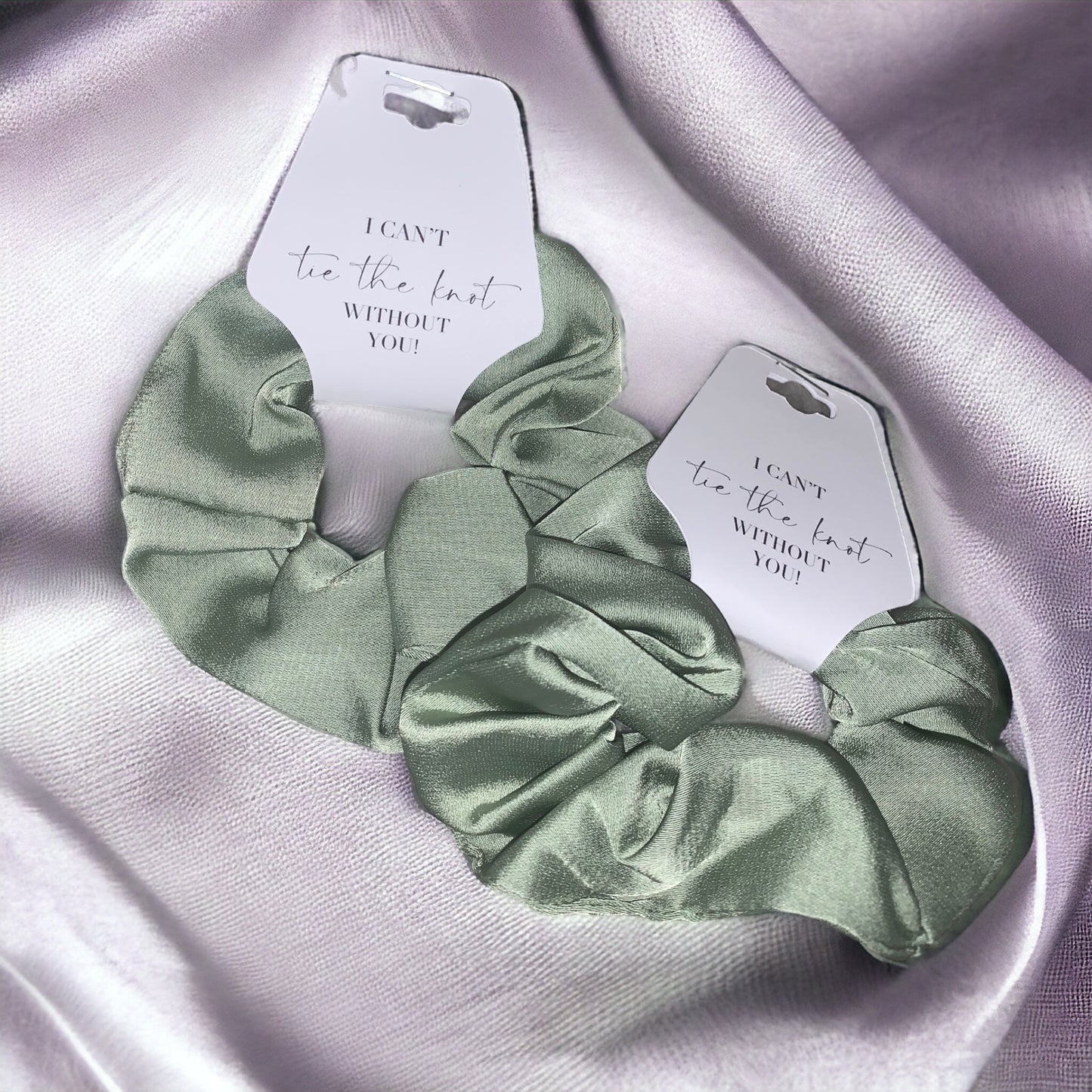 Sage Green Bridesmaid Scrunchie and tag