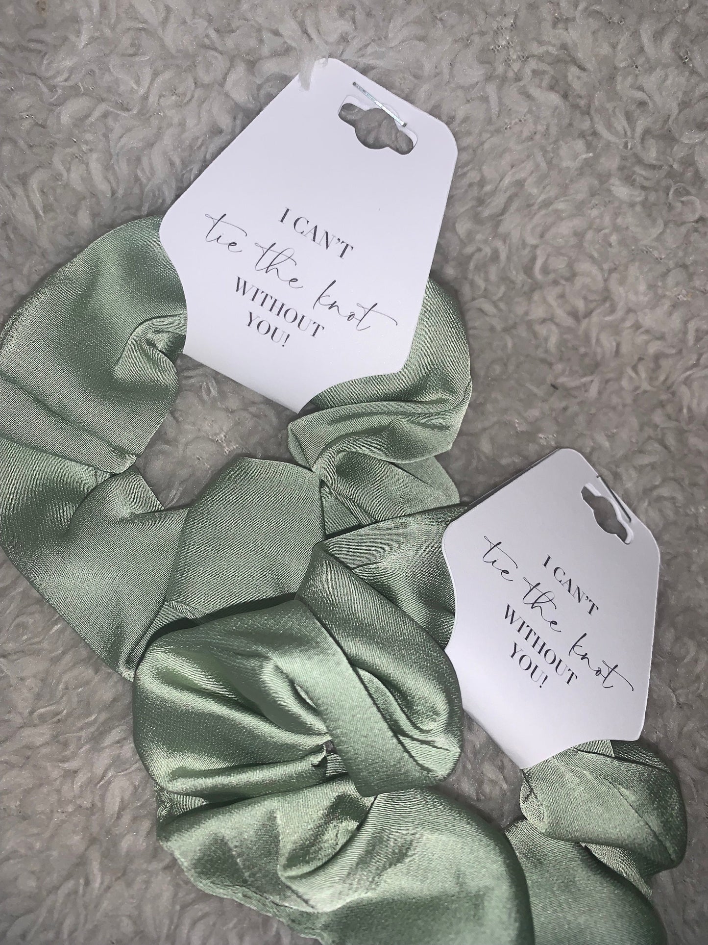 Sage Green Bridesmaid Scrunchie and tag