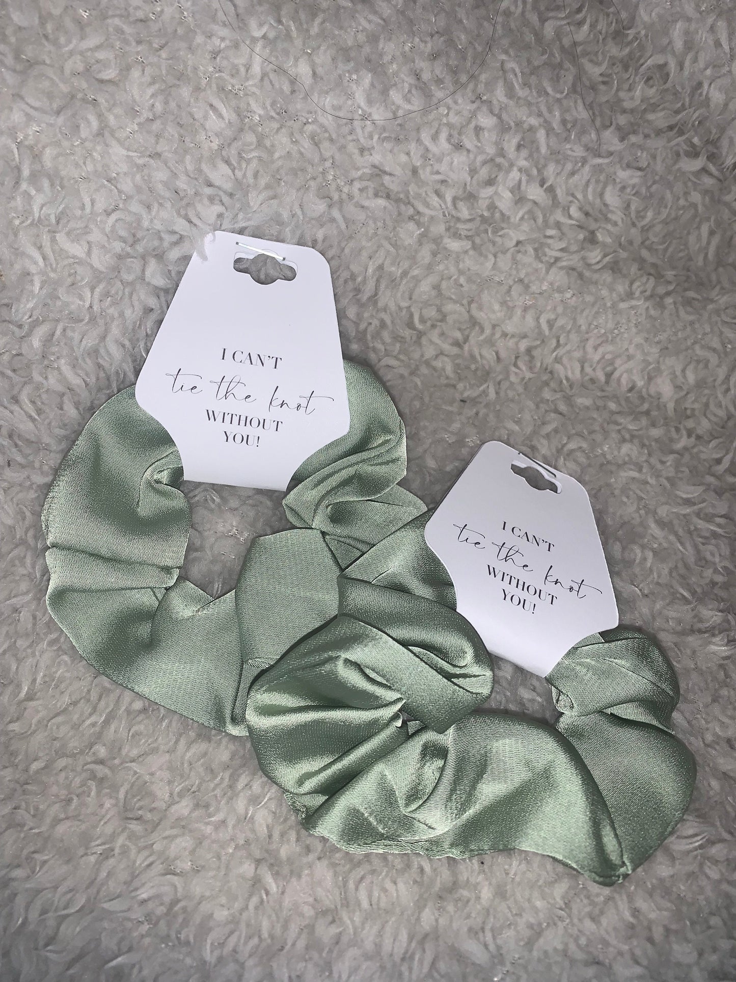 Sage Green Bridesmaid Scrunchie and tag