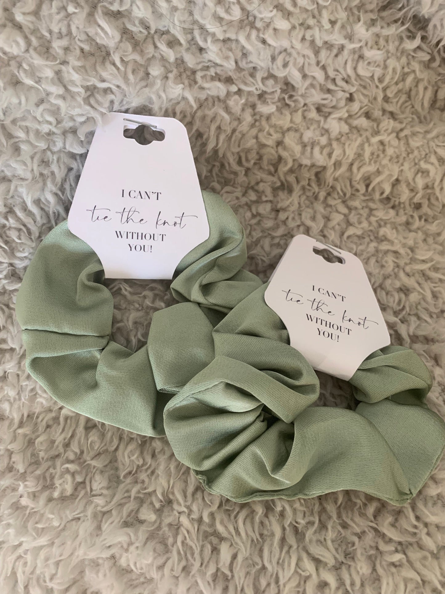 Sage Green Bridesmaid Scrunchie and tag