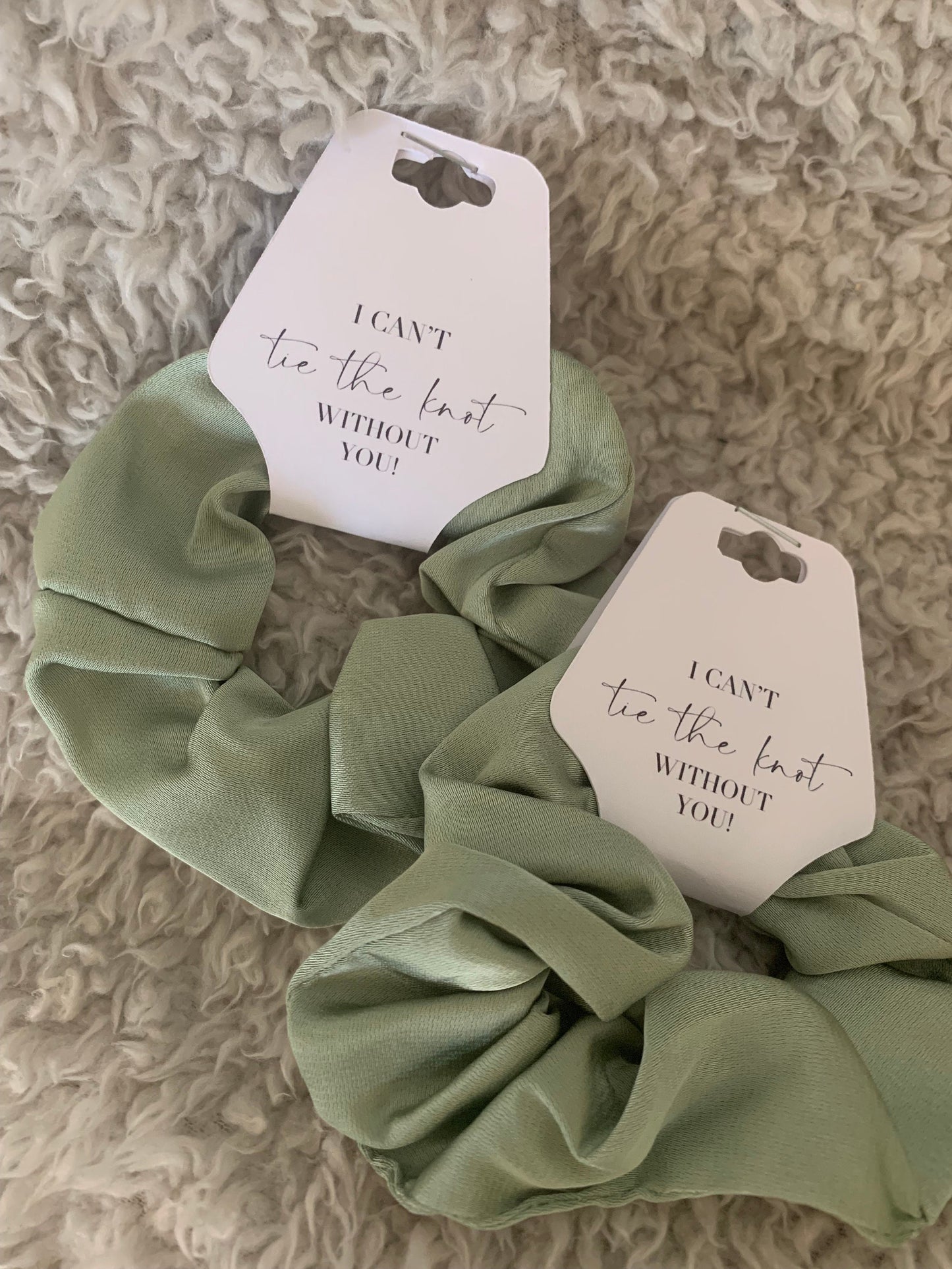 Sage Green Bridesmaid Scrunchie and tag